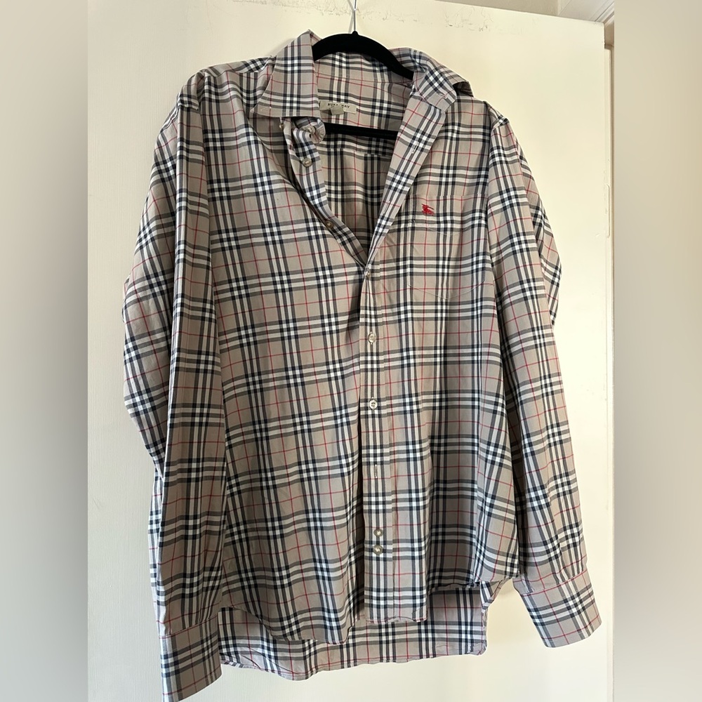 Burberry Beige and Black Plaid Button Down Shirt